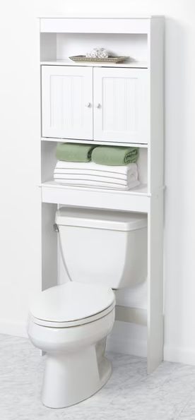 White Bathroom Spacesaver with Cabinet and 3 Shelves, Zenna Home Country Cottage over-the-Toilet, 30.5 inches from ground