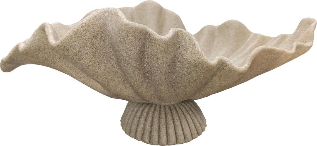 16" Large Decorative Bowl decor , Modern Home Decoration Scallop Bowl,Fashion Key Bowl for Entrance Table, Decorative Fruit Bowl for Kitchen Counter, Ruffle Decor, With Base, Artificial Stone Beige, 16.14inch