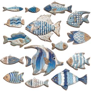 Spiareal 15 Pcs Wood Fish Nautical Wall Decor Wooden School of Fish Wall Art Rustic Hanging Beach Decor Ocean Coastal Theme Vintage Ornaments for Summer Home Lake House Bathroom Bedroom(Charming)