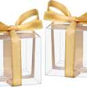 Hooqict 50pcs Favor Boxes 2x2x2 Inches Clear Party Favor Boxes with Ribbons Small Plastic Gift Candy Treat Boxes for Wedding Favors Baby Shower Birthday Classroom (Gold)