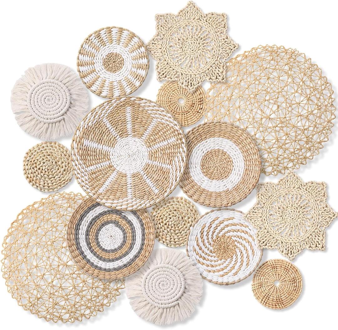 Anglechic 15 Pcs Boho Wall Basket Decor Woven Rattan Seagrass Wall Decor Hanging Rustic Farmhouse Western Art Decoration for Nursery Living Room Bedroom Home Kitchen(Grey White Style)