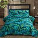 Tropical Green Palm Tree Leaf Print Bedspread Set - Queen Size Reversible Quilts with Pillow Shams