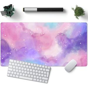 Desk Pad Purple Starry Sky Cute Gaming Mouse Pad Galaxy Gamer Girl Cute Pink Desk Decor Keyboard Desk Mat, Stitched Edges Desktop with Stitched Edges Non-Slip Large Computer Mat 31.5x15.7 in