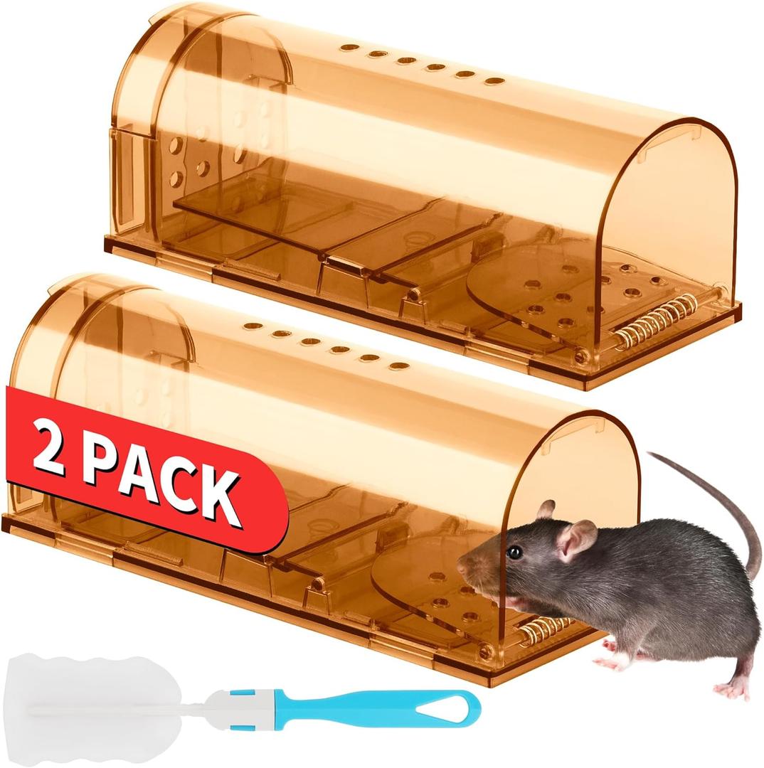LULUCATCH Humane Mouse Traps 2 Pack, Live Mouse Traps, Catch and Release Mouse Traps Indoor for Home, Reusable with Cleaning Brush, No Kill Mole Squirrel Rat Traps for House & Outdoors, Pet Safe (Brown)