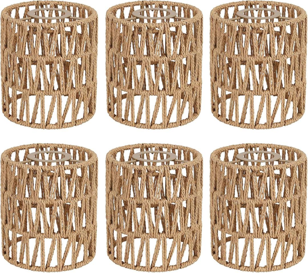 6 Pack Rattan Lamp Shade, Small Boho Lamp Shades Replacement, 5.9in Height, 5in Diameter, 1.53in Fitter, Cylinder Woven Lampshade for Floor Lamps, Pendant Light, Chandelier, Wall Sconces Light Fixture (Standard)