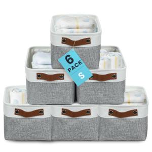 OrganiHaus Small Fabric Storage Baskets 6 Pack, 12x8in Cloth Storage Bins for Shelves, Small Baskets for Organizing Bathroom Pantry Closet, Canvas Shelf Baskets, Gray/Off-White