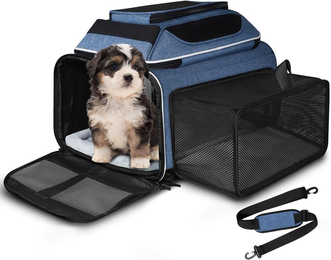Petskd Top and Side Expandable Pet Carrier 18x11x11 Inches Delta United Airline Approved, Soft-Sided Carrier for Small Cats and Dogs with Locking Safety Zippers and Anti-Scratch Mesh (Blue)