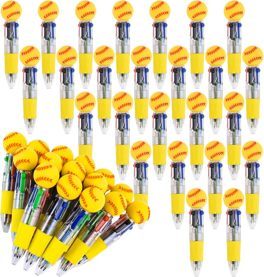 LiYiQ 25 Pcs Softball Multicolor Pen in One Cartoon Cute Fun 4-in-1 Cute Pens Bulk Kawaii Softball Shape Cool Ballpoint Pens Fun Gifts