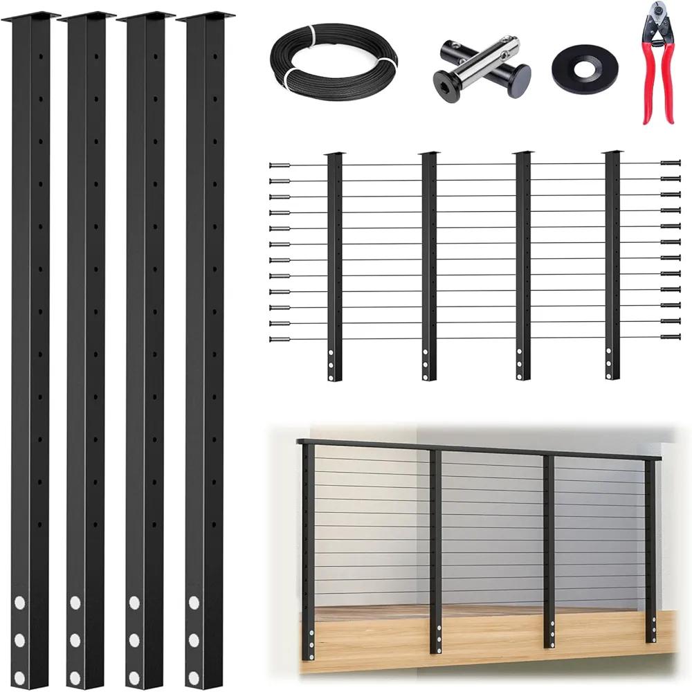 Muzata 8-12FT Modular Black Side Mount Cable Railing Kit 42 Inch 4 Level Post Kit Complete Set Cable Railing System for Decks Length Adjustable with Paper User Guide (No Handrail) RWF2 BH4L