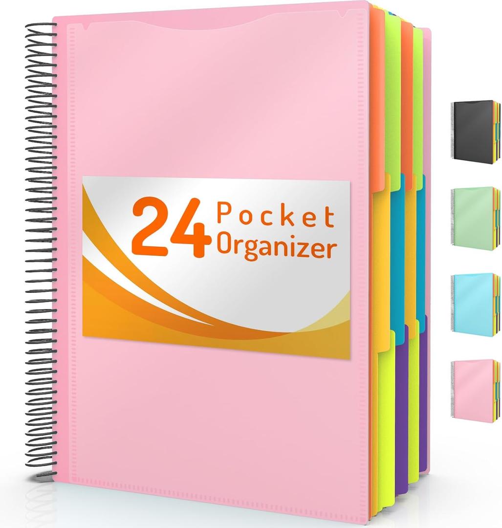 Forvencer 24 Pocket Project Organizer, 1/3-cut Tab Binder Organizer with Sticky Labels, Multi Pocket Folder with Zipper Pouch, Folder Binder Spiral Pocket Notebook, Office Supplies (Pink)