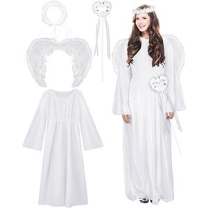 Eurzom 4 Pcs Women's Angel Costume Set - White Dress Feather Wings and Wand for Christmas Adults Cosplay Outfits