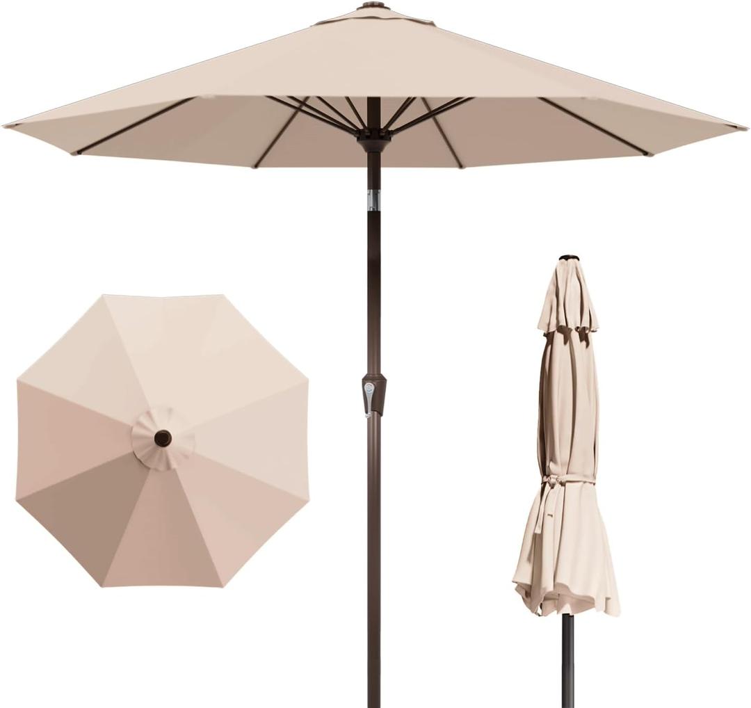 9FT Patio Umbrella with Fiberglass Ribs, Outdoor Market Table Umbrella with Crank and Tilt, UV Resistant Waterproof Canopy for Patio, Garden, Deck, Pool, Beige