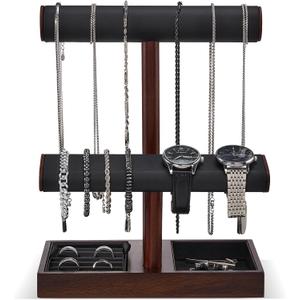 ProCase Watch Holder Stand for Men, Valentines Day Gift for Him Dad Father Boyfriend, Wood Jewelry Display Rack, Necklace Hanger Organizer for Chains Bracelets Rings -Brown