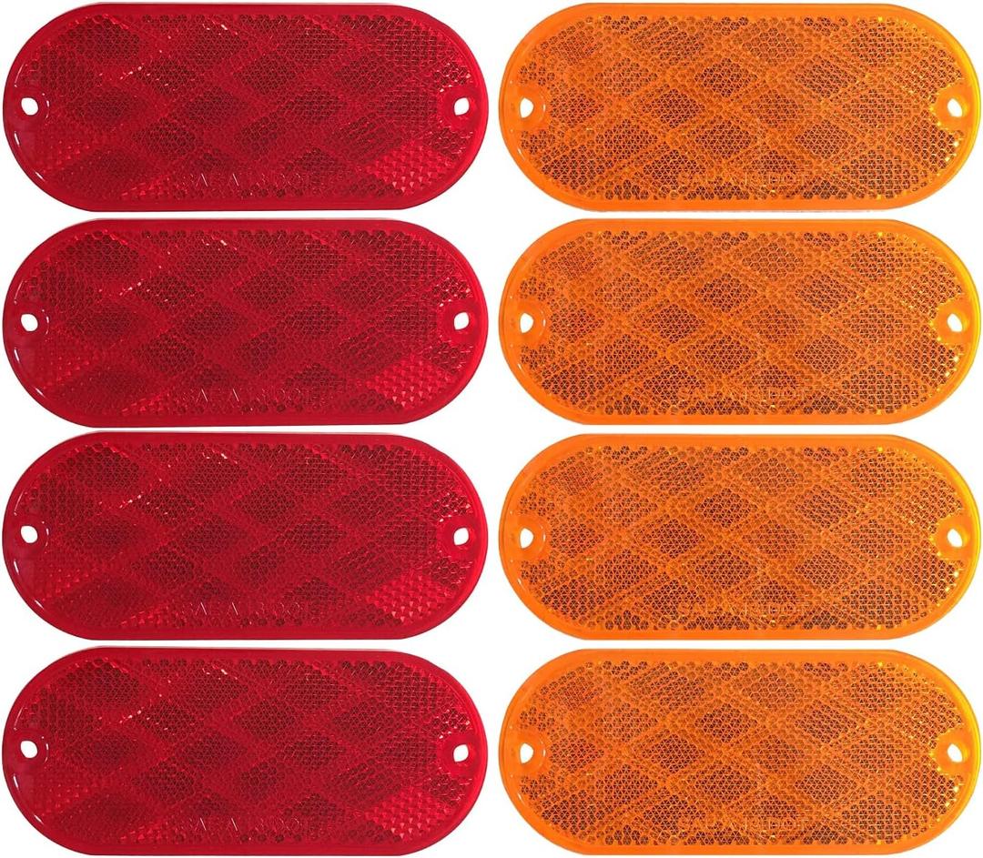 MAXXHAUL 51018 Oval Reflectors 4 Red and 4 Amber Self Adhesive or Drill Mount-DOT 8 pack for Trucks RV's Campers Bike Racks Cargo Carriers 4-3/8 inch x 2 inch x 1/4 inch