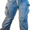 Mid Rise Cargo Jeans Women Elastic Waist Stretch Wide Leg Denim Pants with Pockets Baggy Streetwear Pants y2k (Large, Blue)