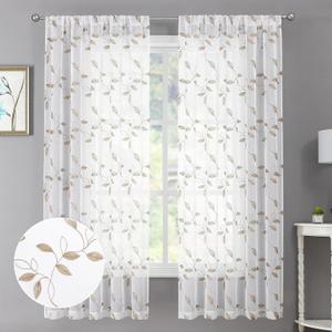 Tollpiz Taupe Leaf Sheer Curtain Leaves Embroidered Bedroom Curtains Rod Pocket Voile Window Treatments for Living Room, 38 x 63 inches Long, Set of 2 Panels