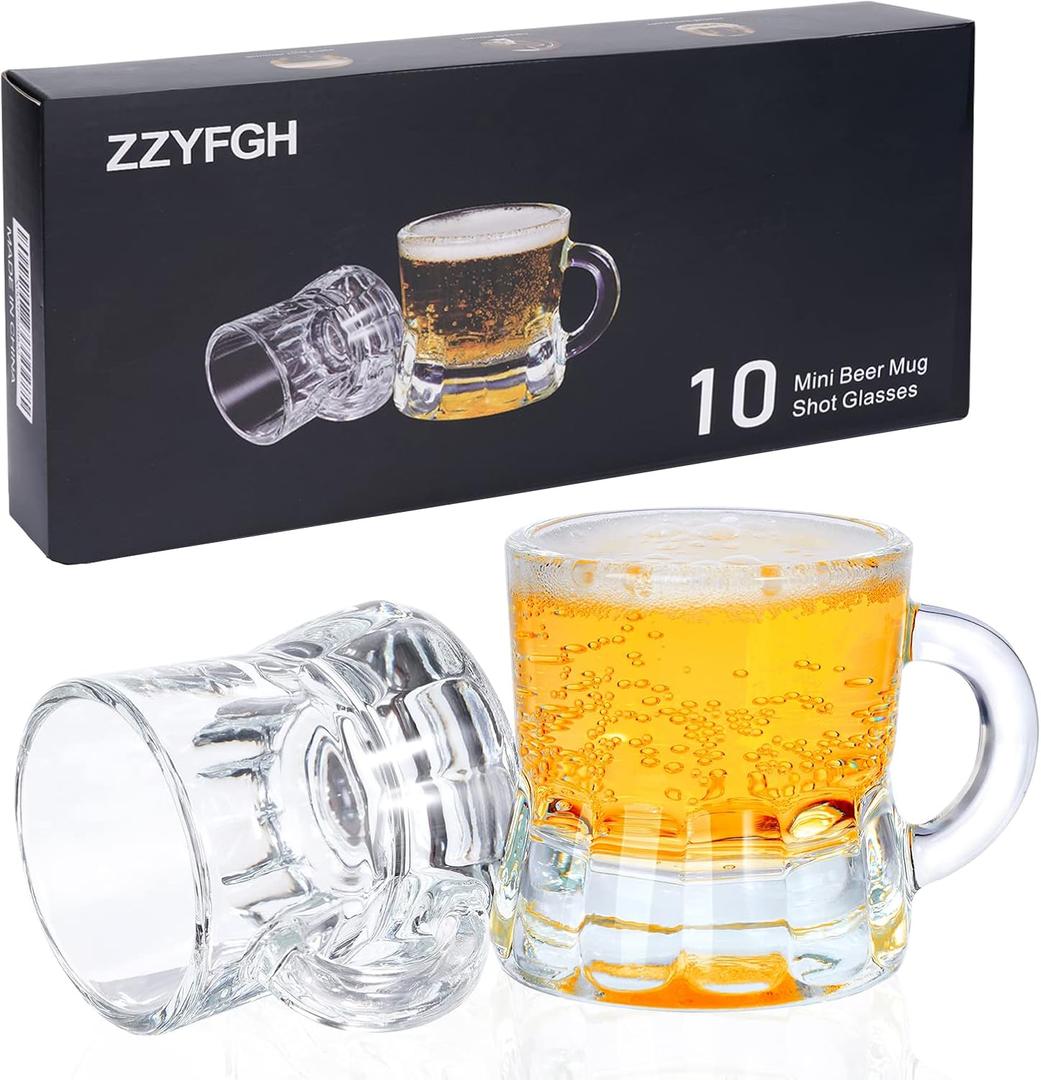 ZZYFGH 10 Pack Mini Beer Shot Glasses, Mini Glass Beer Mug with Handle 1.0 Ounce, Shot Glasses, Great for Father, Husband, Birthday or Friend Party Present (Set of 10-1.0 oz)