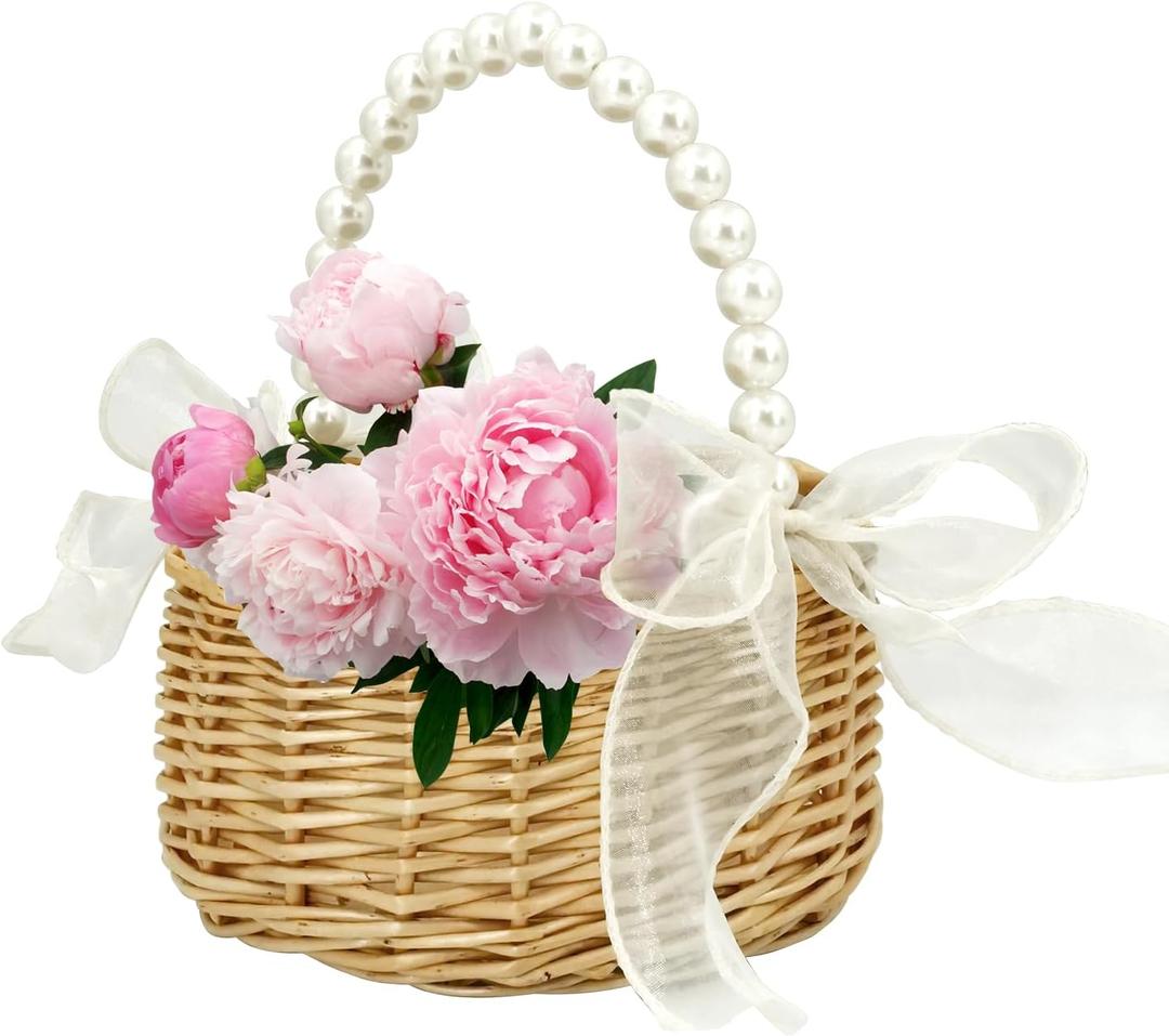 Flower Girl Basket - Woven Rattan Wedding Basket with Pearl Handle & Lace Bow, Rustic Elegant Flower Holder for Wedding Party, Garden Decor, Home Decoration