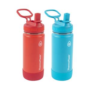 ThermoFlask Kids 16 oz Insulated Water Bottles with Straw Lid BPA-Free Stainless Steel Leakproof & Spill-Proof Design Easy Clean Wide Mouth 2-Pack for School, Sports, Playdates, Red/Blue