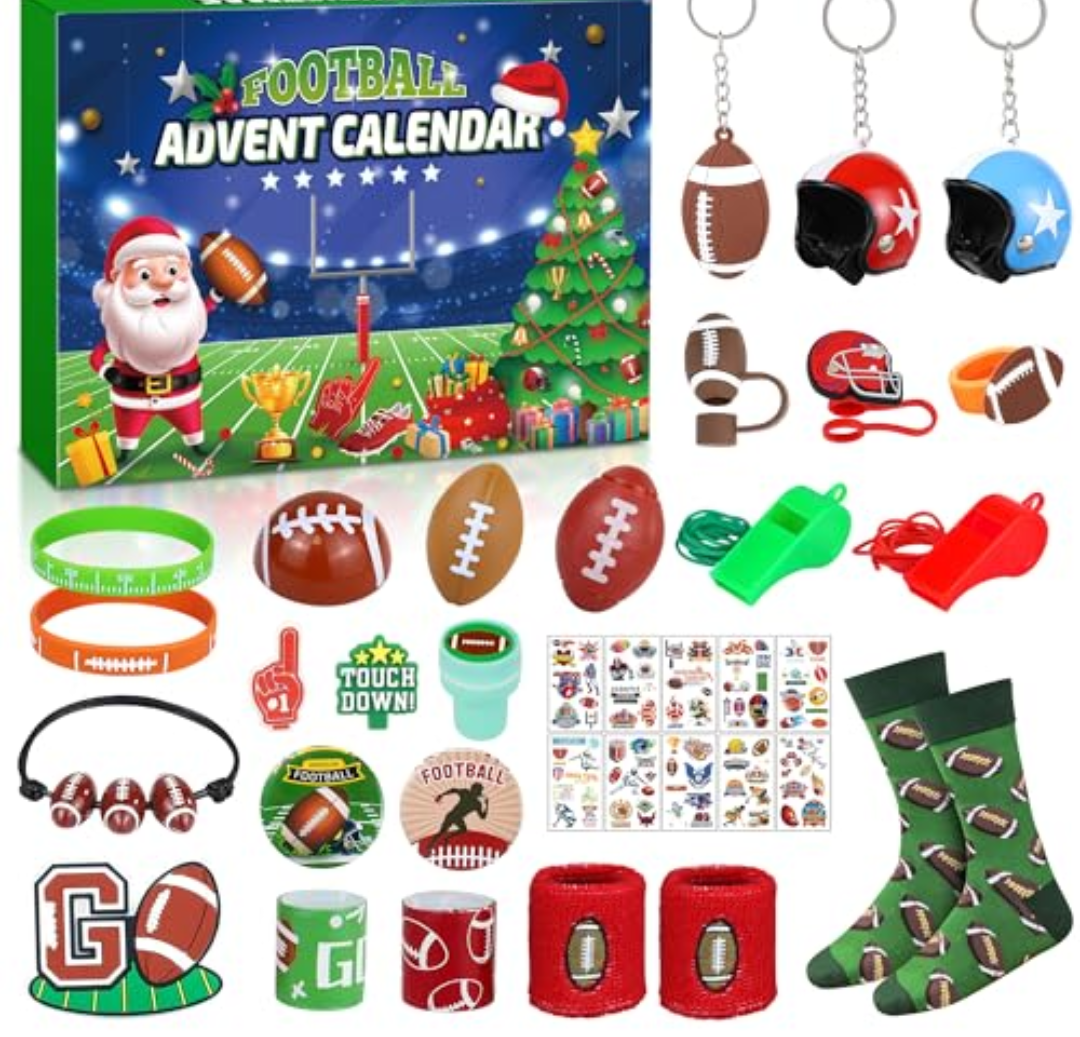 Football Advent Calendar 2025 for Boys, 24 Day Christmas Countdown Calendar Football Favors Supplies, Sport Rugby Themed Xmas Gifts for Kids Boys Teens Football Player 2 Pack