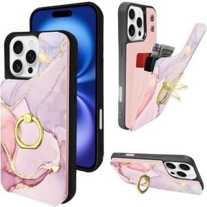 Compatible with iPhone 16 Pro Max Wallet Case with Card Holder, 360Rotation Finger Ring Holder Kickstand Protective RFID Blocking PU Leather Pattern Double Buttons 6.9" Pink Marble