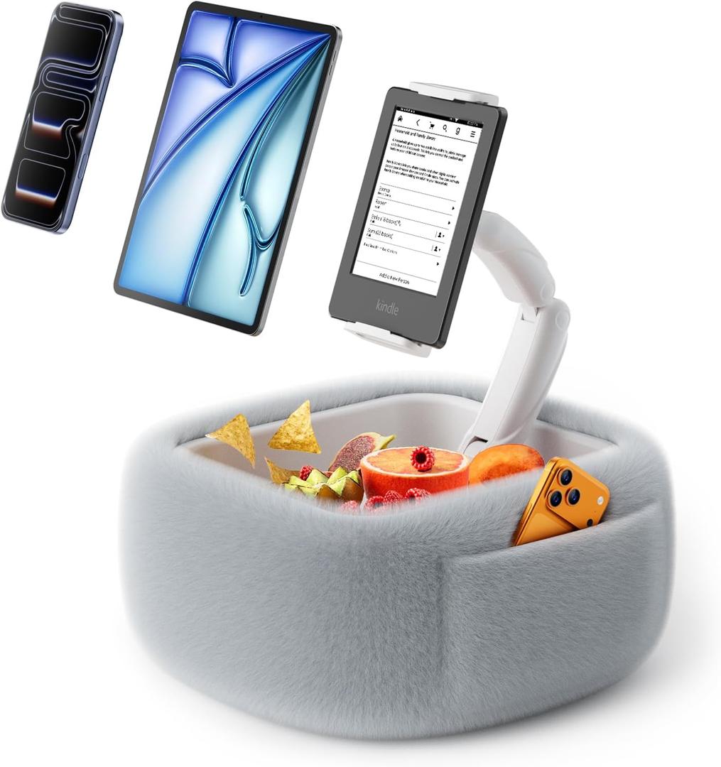 LULULOOK Tablet Pillow Stand, Compatible with iPad, iPhone and 4.7-14.6Tablet, 360 Adjustable Kindle Pillow Stand for Bed with Ultra Fluffy Fabric & Snack Bowl (Fluffy Gray)