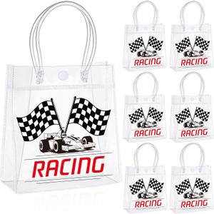 Sweetude 24 Pcs Race Car Party Checkered Favors Bags Bulk with Handle Racing Checkered Party Favor Clear PVC Goodie Candy Treat Tote Transparent Gift Bags for Birthday Decorations Rewards Supplies