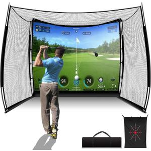 Joloofu Golf Net, 11x8ft Spacious Golf Practice Hitting Net for Simulator | Heavy Duty Golf Simulator Net with HD Impact Screen and Target Cloth for Swing Driving, Home Backyard Garage Indoor Outdoor