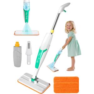 Kids Spray Mop Toy Toddler Cleaning Set with Real Water Sprayer, Microfiber Mop Pads & Scraper Pretend Play Montessori Cleaning Toys Gift for Preschool Toddlers Kids Boys and Girls