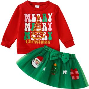 Toddler Girl Christmas Outfit Santa Claus Sweatshirt+Tutu Gauze Skirts Winter Clothes 1-7 Years (2-3T, New-red-christmas Tree)