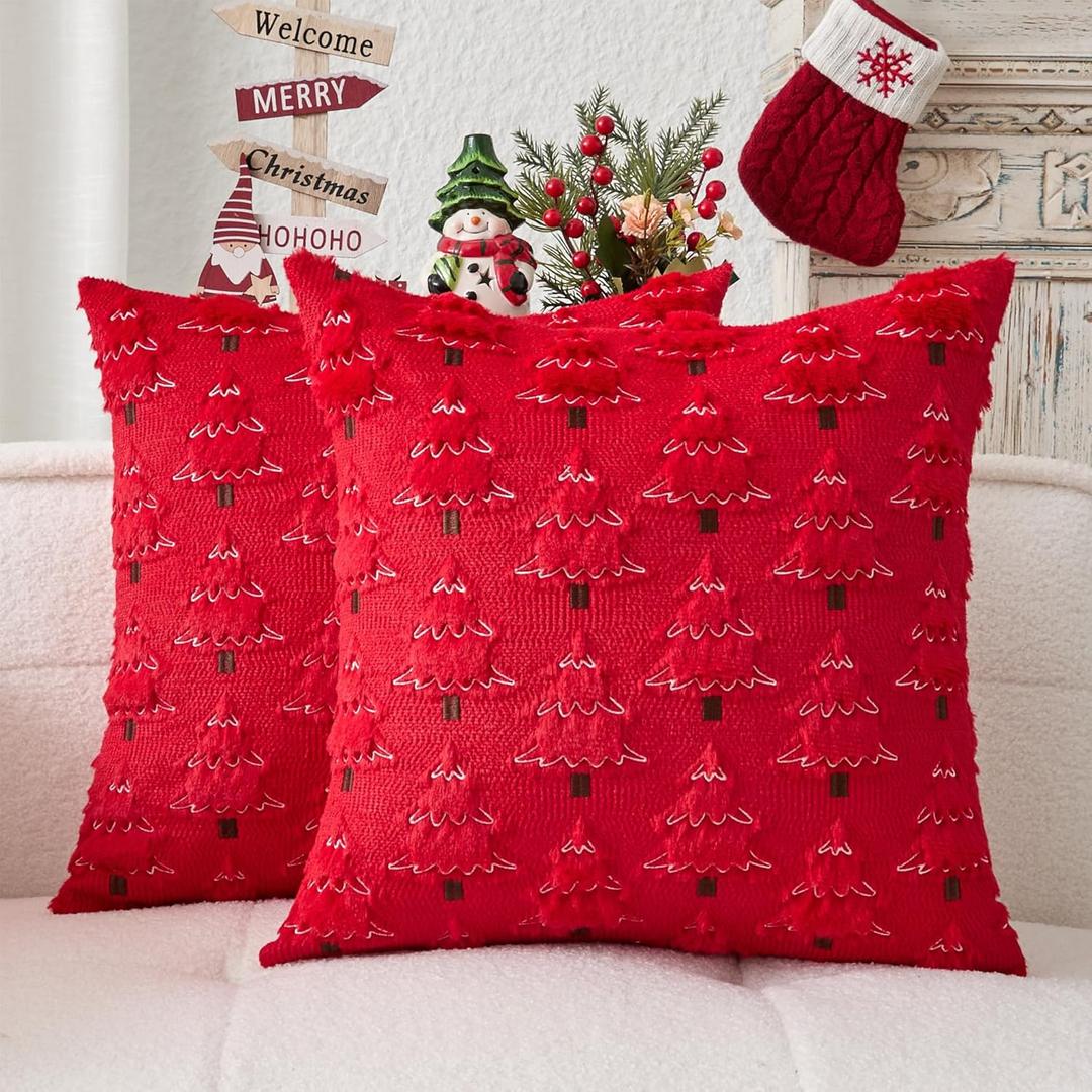 Kevin Textile Christmas Tree Pillow Covers 16x16 Inch Set of 2 Luxury Embroidery Soft Plush Faux Fur Decoration Pillowcases for Couch Sofa Holiday Festivals Winter Xmas Gift