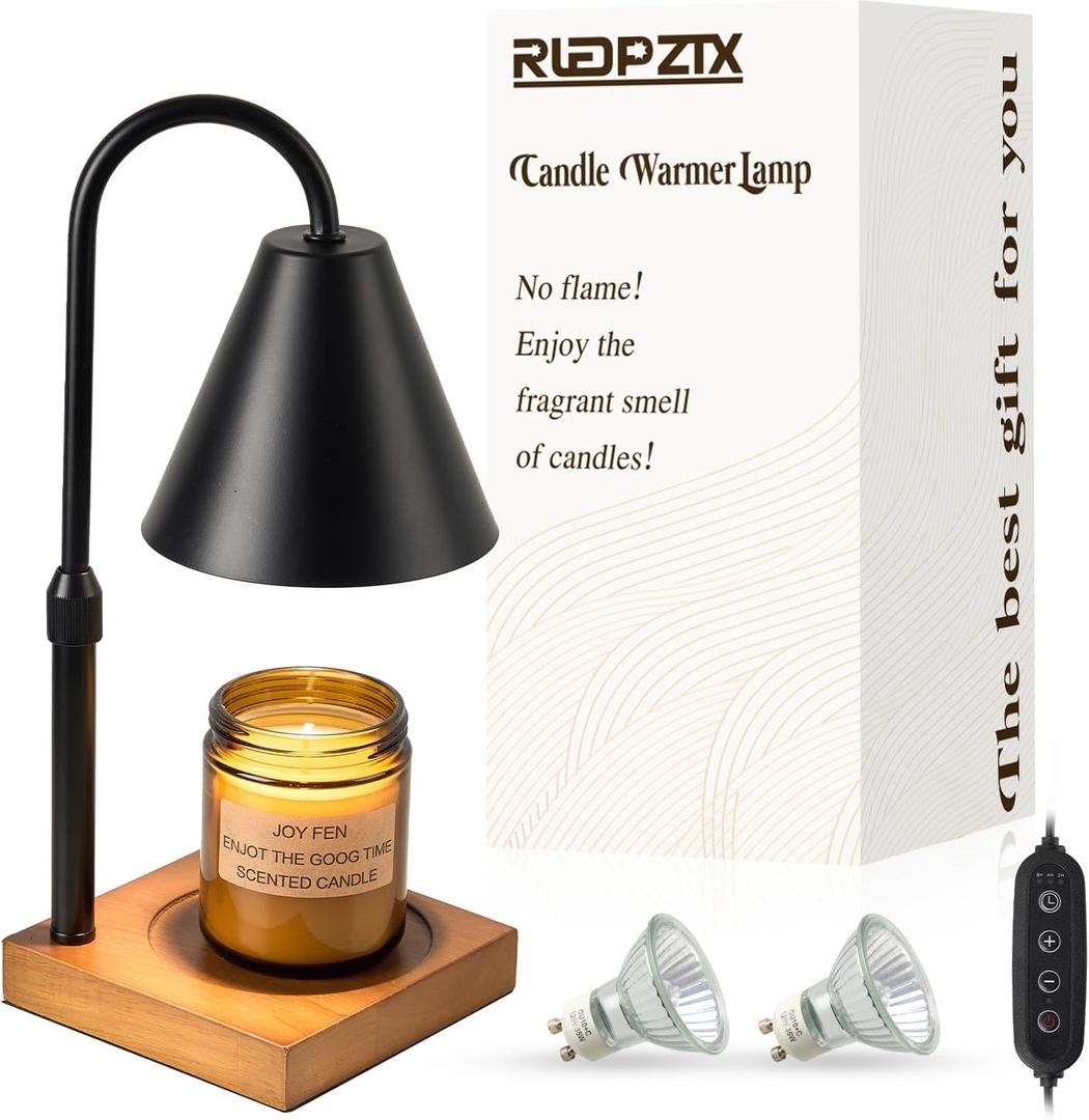 Electric Candle Warmer Lamp with Timer: Candle Warmer Lamp Adjustable Height for All Size Jar Candles, Dimmable Candle Warmer Light with 2 Bulbs for Bedroom Home Decor, Gifts for Women, Black