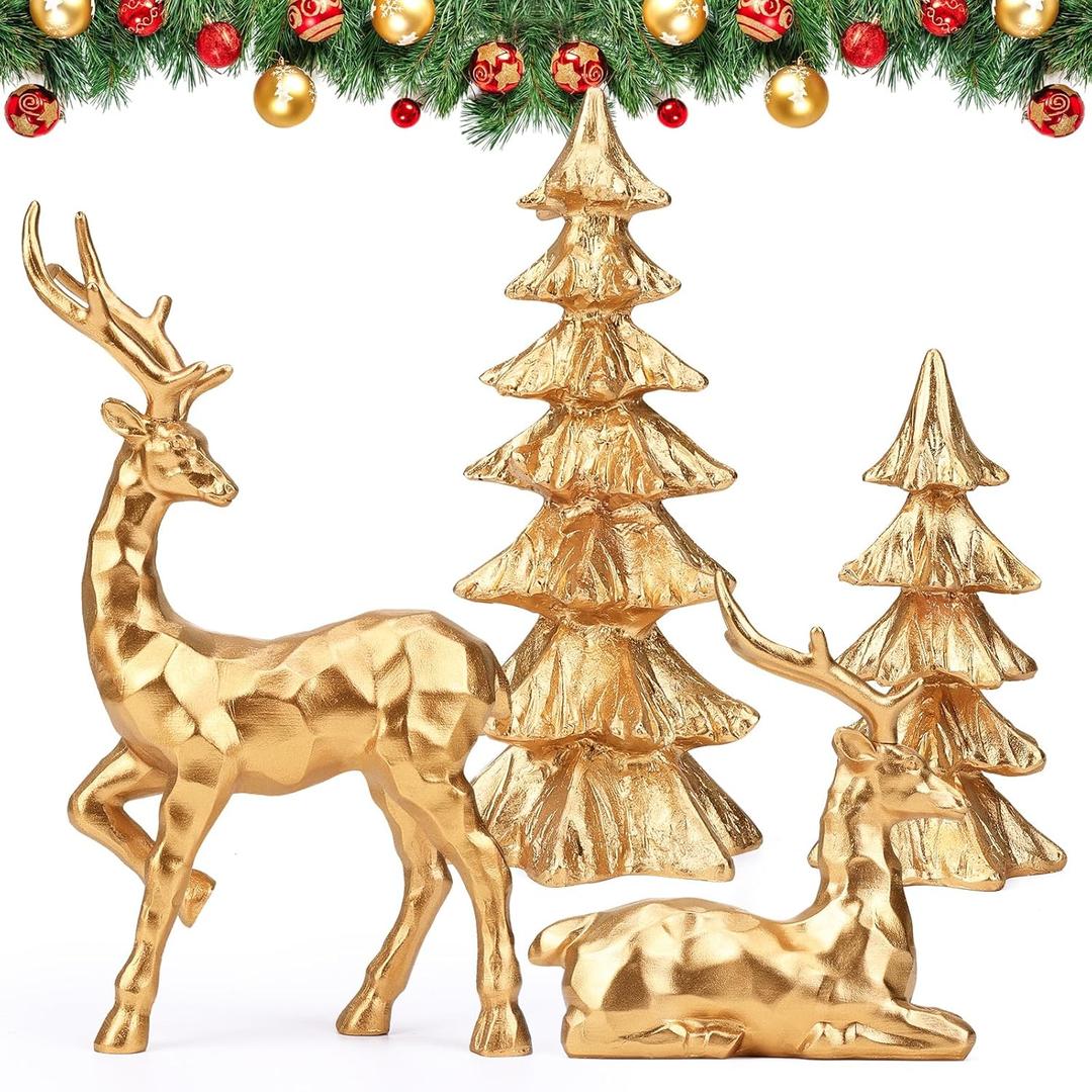 4-Piece Gold Christmas Tree Figurines and Resin Elk Sculpture Small Resin Christmas Trees,Tabletop Tree Artificial Animal Crafts for Indoor Home Decor,Tabletop Mantle Cabinet Desktop Office