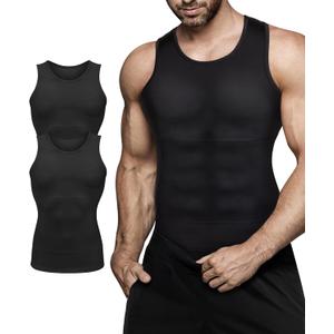 Mens Compression Shirt Slimming Body Shaper Vest Workout Tank Tops Abs Abdomen Undershirts (Large, Black+black)