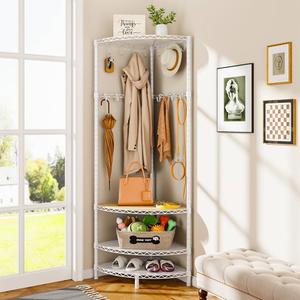 R2 Corner Coat Rack, Coat Rack with 4 Shelves, Shoe and Coat Rack for Entryway, Heavy Duty Coat Rack with 16 Movable Hooks, Entryway Coat Rack for Hallway, Bedroom, and Office, White