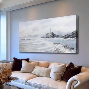 Belmrxne Coastal Wall Art Grey and White Ocean Wall Decor Lighthouse Canvas Painting Textured Aesthetic Artwork for Living Room Bedroom Dining Room Office 24x48 Inches