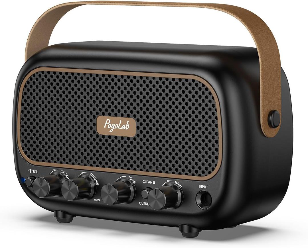 POGOLAB Mini Guitar Amplifier, 5Wx2 Portable Electric Guitar Amp, Rechargeable Bluetooth Speaker, Clean/Overdrive Effects, 7H Playtime, Headphone Jack, Small Practice Amp for Daily Play/Jamming