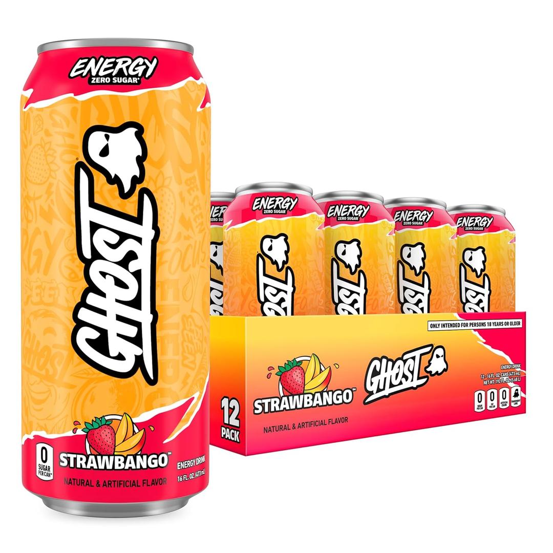 GHOST Energy Drink - 12-Pack, Strawbango, 16oz - Energy & Focus & No Artificial Colors - 200mg of Natural Caffeine, L-Carnitine & Taurine - Gluten-Free & Vegan, Expiry: 07/01/27