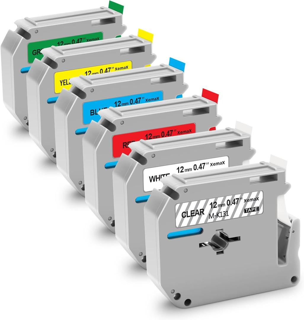 6-Pack M 12mm 0.47" Label Tape Compatible for Brother M-K231 M-K131 M-K431 M-K531 M-K631 M-K731 P Touch 12mm Color Label Tape for PT45 PTM95 PT65 PT70 PT90, White/Clear/Red/Blue/Yellow/Green