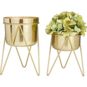 CosmoLiving by Cosmopolitan Metal Indoor Outdoor Planter Small Planter Pot with Removable Stand, Set of 2 Planters 7", 7"W, Gold