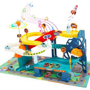 Race Track Car Toy for Kids Dinosaur Adventure Vehicle Playset with 5 Mini Cars & Road Map Race Car Track Toys Educational Toy for 3 4 5 6 7 Year Old Boys Girls