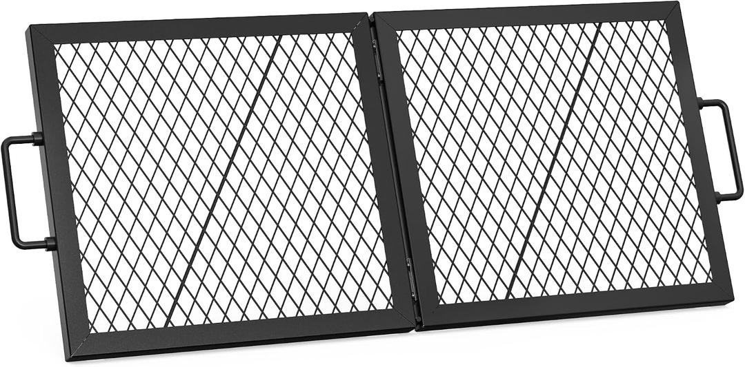 only fire Foldable X-Marks Fire Pit Cooking Grate, Portable Rectangle Campfire Grill Grate with Handles, Heavy Duty Steel Campfire BBQ Grill for Outdoor, 32 inch