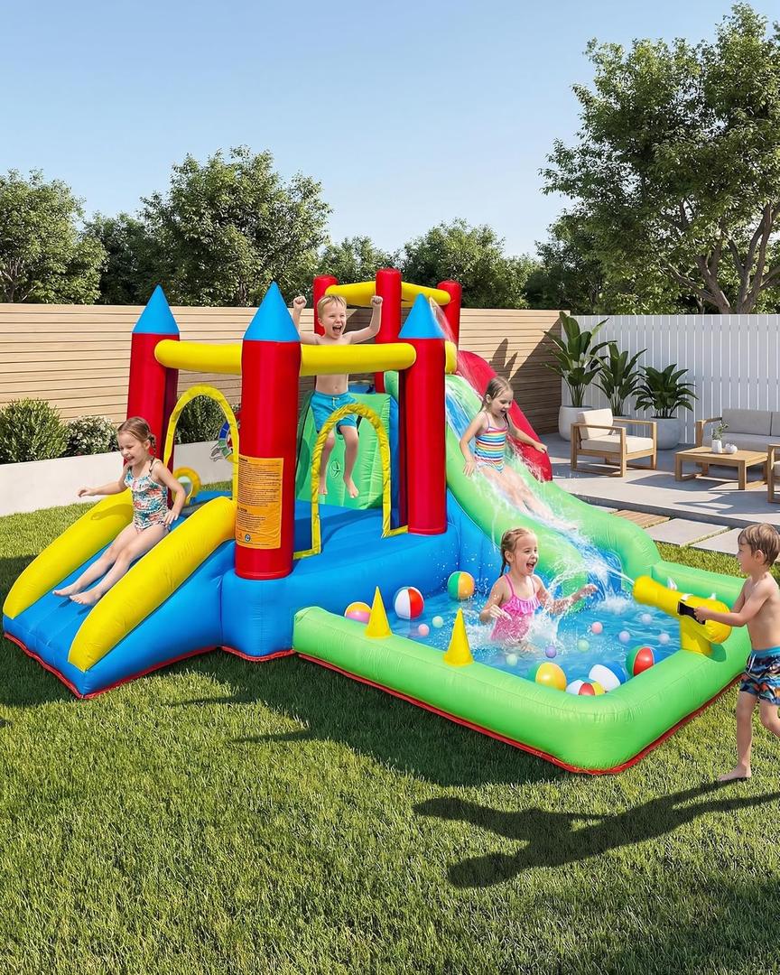 9-in-1 Kids Bounce House Ages 36, Inflatable Bouncy Castle with Water Slide for Wet or Dry Play, Plus Trampoline, Climbing Wall, Ball Pit & Play Cannon for Indoor/Outdoor Fun