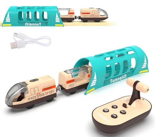 Electric Train for Wooden Track, Remote Control Train Toy, Motorized Train and Tunnel with Voice & Lights Effect, Battery Operated Locomotive Train Set Compatible with Thomas, Brio, Chuggington