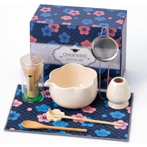 Matcha Set, 8Pcs Floral Ceramic Matcha Set with Matcha Whisk, Holder, Scoop, Scoop Rest, Sifter, Spoon and Tea Towel - Thoughtful Matcha Whisk Set Gift for Matcha Lovers (Beige)