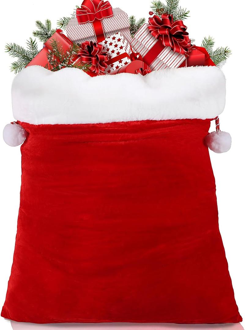 FOIMAS Christmas Santa Sack,43x27 inch Jumbo Velvet Santa Gift Bags with Drawstring Plush Gift Bag for Christmas Gift Wrapping Home Decoration Supply (Dark Red)