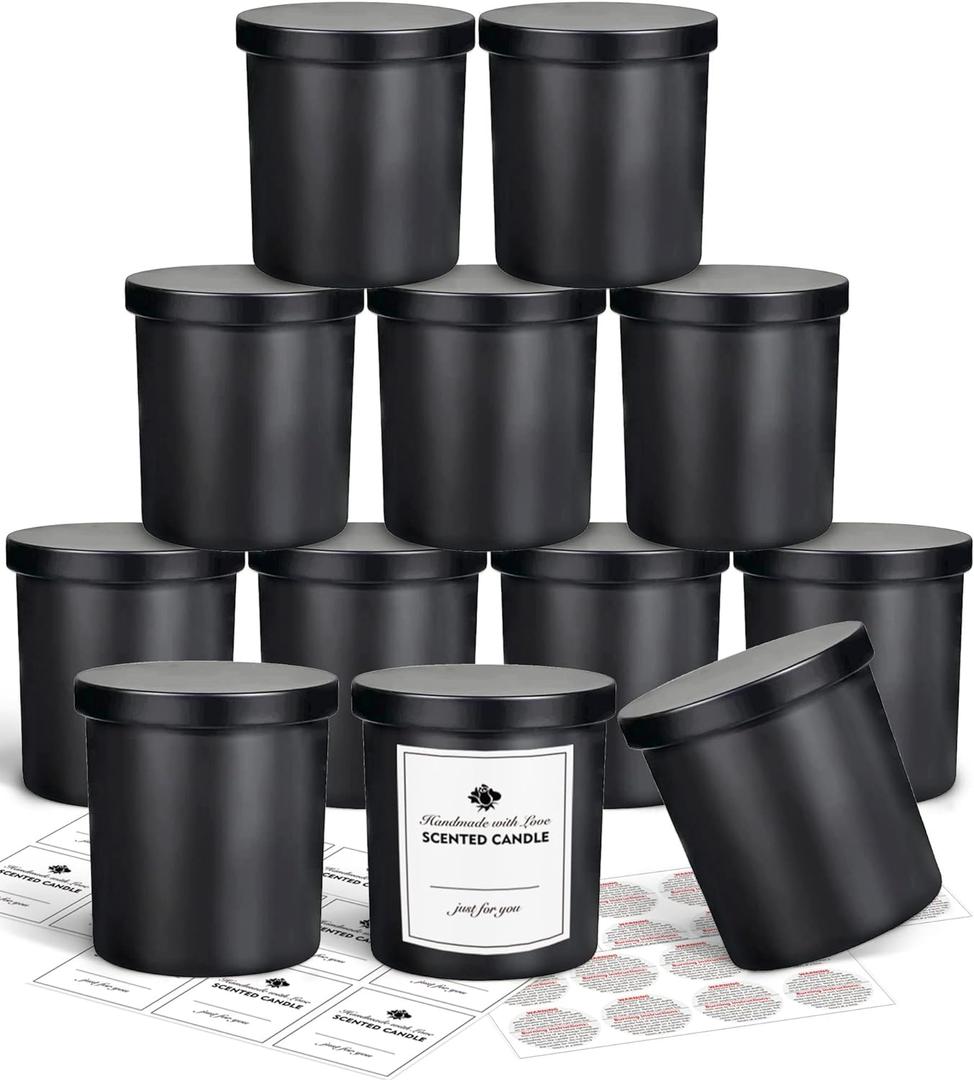 SUPMIND 12 Pack 10oz Glass Candle Jars with Lids and Sticky Labels, Empty Candle Jars for Making Candles Bulk Containers(Matte Black)