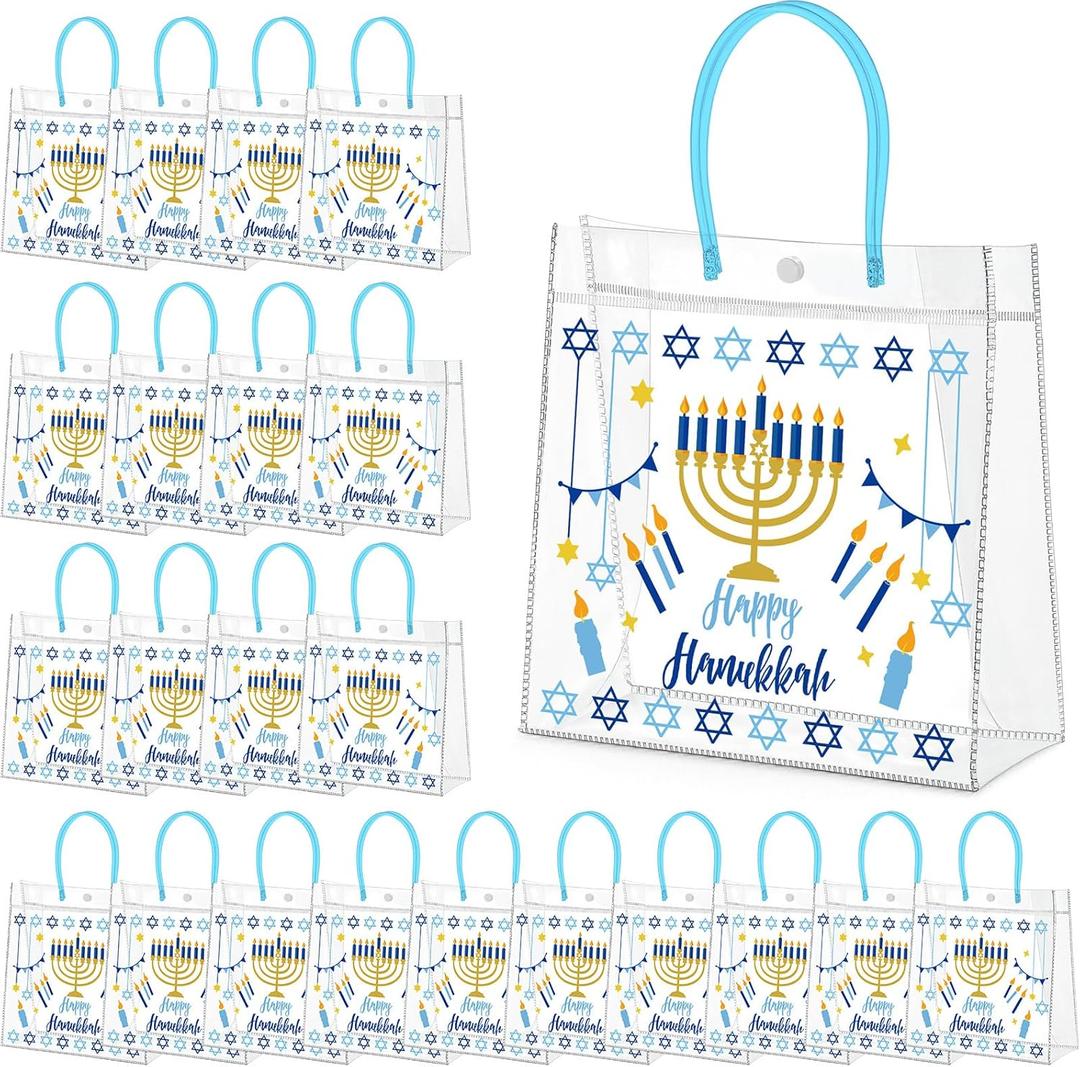 Aliceset 24 Pcs Hanukkah Gift Bags Bulk PVC Tote with Handles Reusable Favor Bags with Star of David & Menorah Design for Hanukkah Party Decorations Supplies, 9.84"x 9.84"x 3.54" (1 Count (Pack of 24))