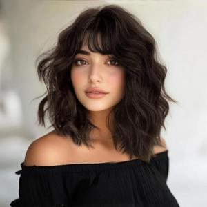 Lativ Dark Brown Wigs for Women Bob Wig with Bangs Curly Wavy Short Wig Heat Resistant Shoulder Length Natural Synthetic Hair 14 Inches for Daily Cosplay Use