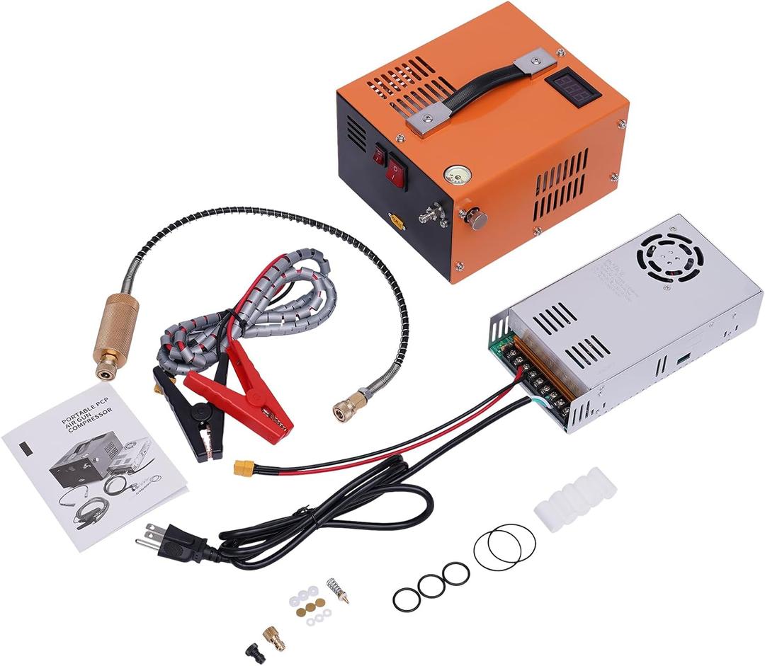 PCP Air Compressor, 30Mpa High Pressure Pump Airgun Rifle 4500Psi Portable Compressor 110V AC/12V DC Oil & Water-Free Manual-Stop Air Rifle